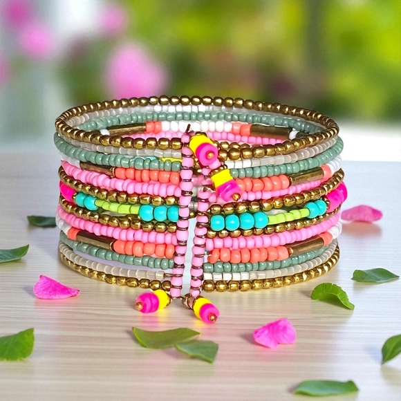 🆕️ Boho Chic Indian Artisanal 🌷Neon-Pastel Beaded Handcrafted Stacked Bracelet - Picture 7 of 14